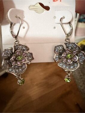 Givenchy Silver Floral Drop Earrings with Pink & Green Crystals